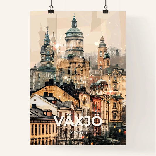 Växjö Skyline: Double Exposure Art on Beige - A group of buildings with towers and spires Poster