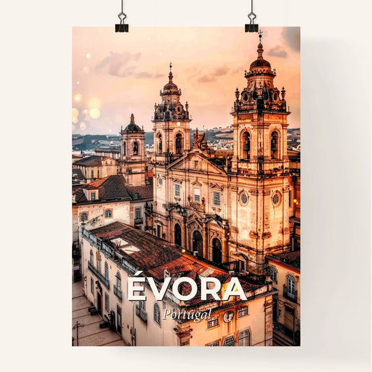 Evora, Portugal: City and Architecture Art Skyline Poster - A large building with towers and a large building with a large roof Poster