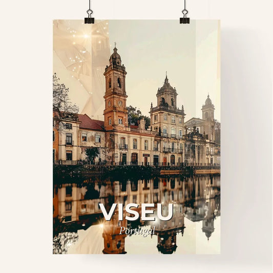 Viseu Skyline Composite Art: Local Icons, Beige Backdrop, Bright Details - A building with towers and a body of water Poster