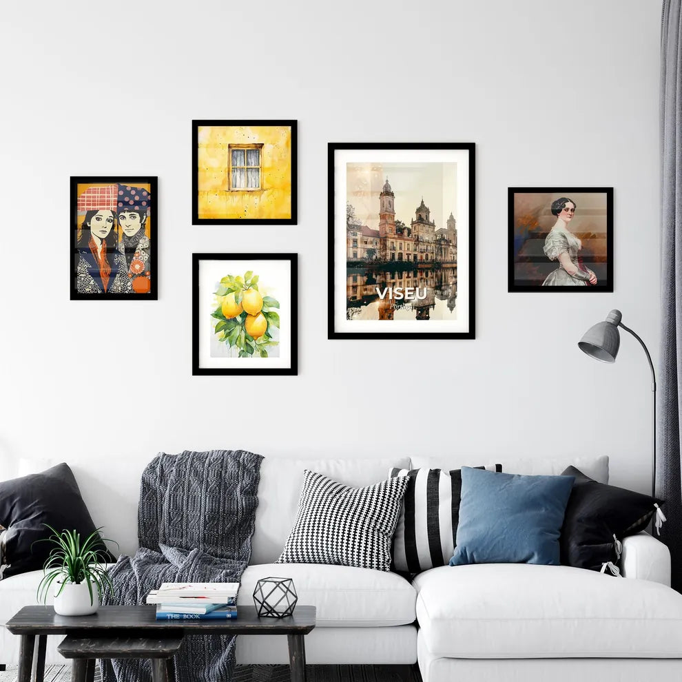 Viseu Skyline Composite Art: Local Icons, Beige Backdrop, Bright Details - A building with towers and a body of water Interior Design