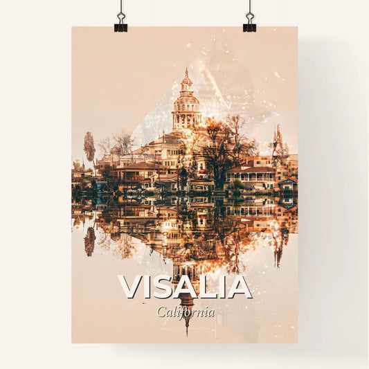 Visalia Skyline Double Exposure Art Poster - A city with a building reflected in water Poster