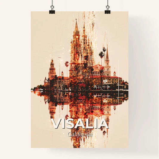 Visalia Cityscape Skyline Art Panorama - A castle with towers and lights reflected in water Poster