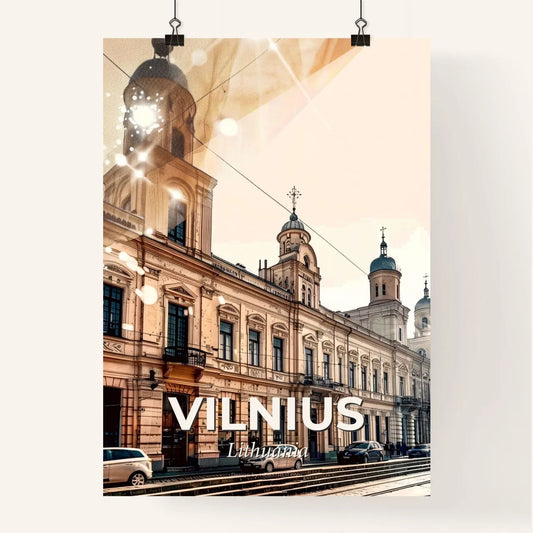 Vilnius Cityscape Composite Art: Historical Meets Modern - A building with cars parked on the side Poster