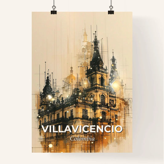 Villavicencio Cityscape: Art Deco Symphony - A building with towers and a tower Poster