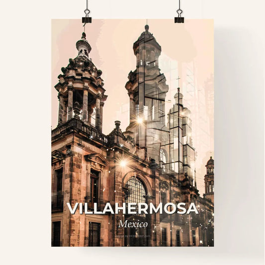 Villahermosa Cityscape: Enchanting Lights and City Icons - A building with a large tower Poster