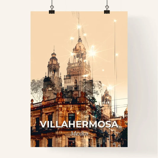 Villahermosa City Skyline Double Exposure - A building with a tower and trees Poster