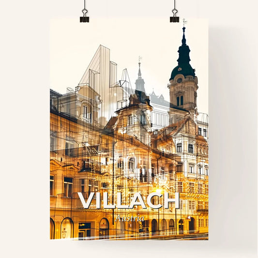 Villach Skyline Landmarks Double Exposure Poster - A building with a tower and a building with a tower Poster
