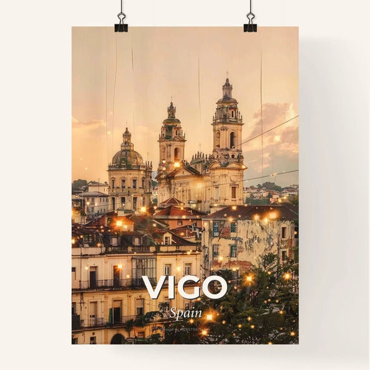 Vigo Spain City Skyline Art Poster Print - A group of buildings with lights Poster