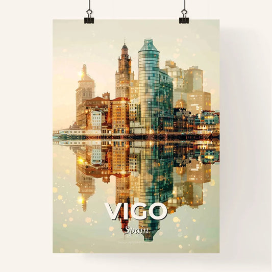 Vigo Citynight Fusion Composite Skyline Art - A city with many tall buildings reflected in water Poster