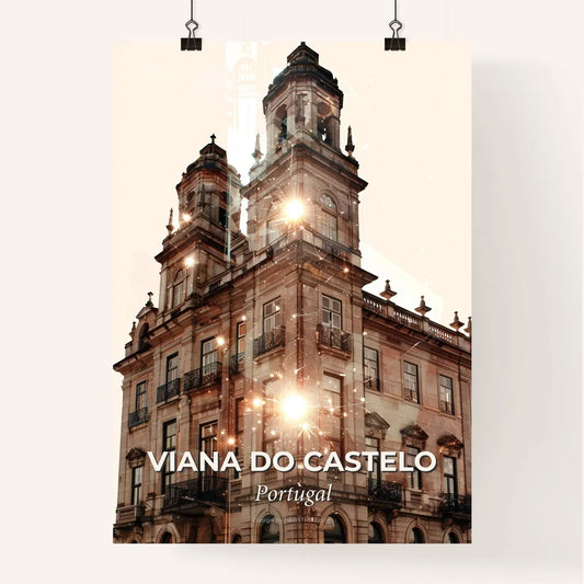 Viana do Castelo: City Skyline Art Poster - A building with a tower and a clock tower Poster