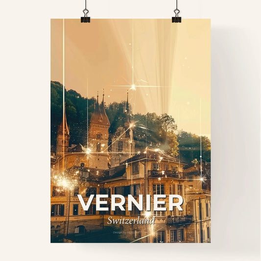 Vernier Silhouette Skyline Vernier Beige Poster - A building with many windows and a building with trees and lights Poster