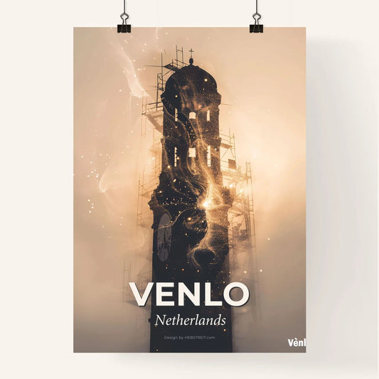 Venlo City Lightscapes - Dutch Architecture Panorama - A tall tower with scaffolding around it Poster