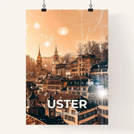 Uster Double Exposure Cityscape Poster Art - A city with many buildings and a clock tower Poster