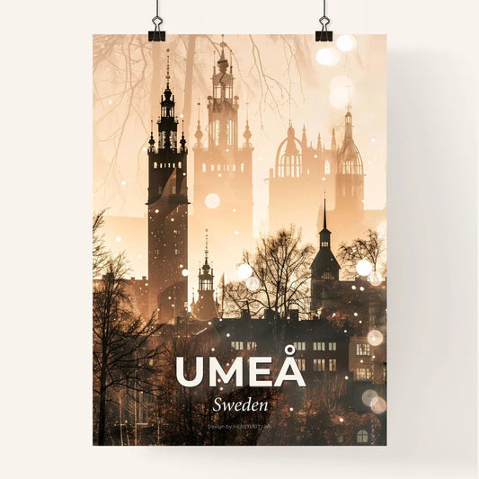 Umeå Skyline City Lights Wall Art - A city with trees and buildings Poster