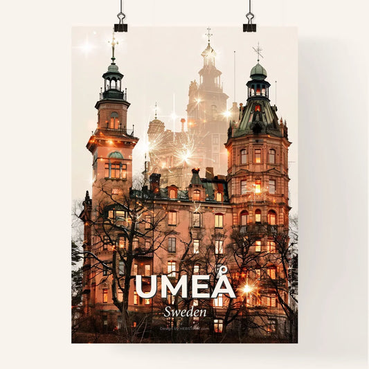 Umeå Skyline Cityscape Composite Art - A building with many towers and lights Poster