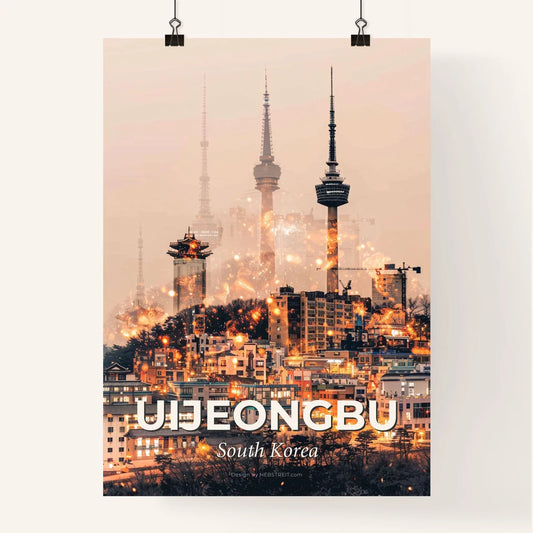 Uijeongbu Skyline Double Exposure Poster Art - A city with towers and lights Poster