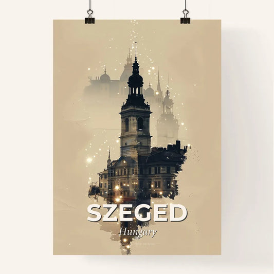 Szeged Skyline Composite Art with Beige Paper Background and Sparkles Poster