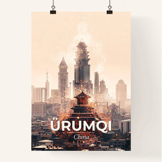 Ürumqi Skyline Sparkles Double Exposure Art Poster
