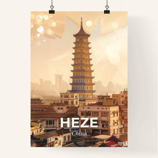 Heze Skyline Double Exposure Artwork with Iconic Architecture Poster