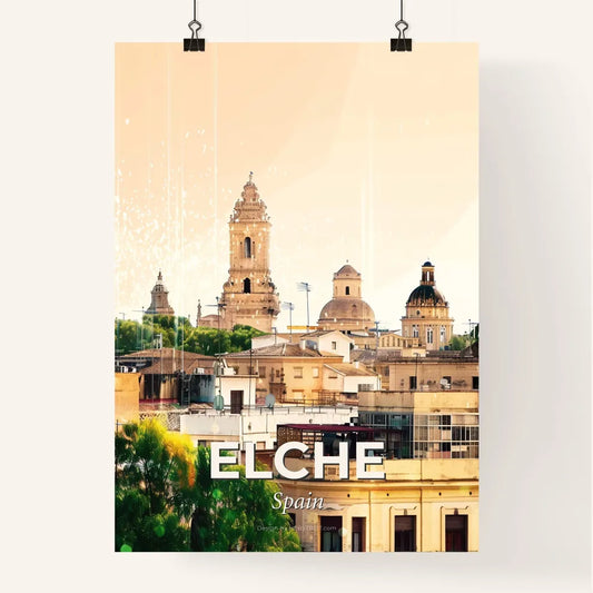 Elche Skyline Composite Art with Bright Beige Paper Background Poster