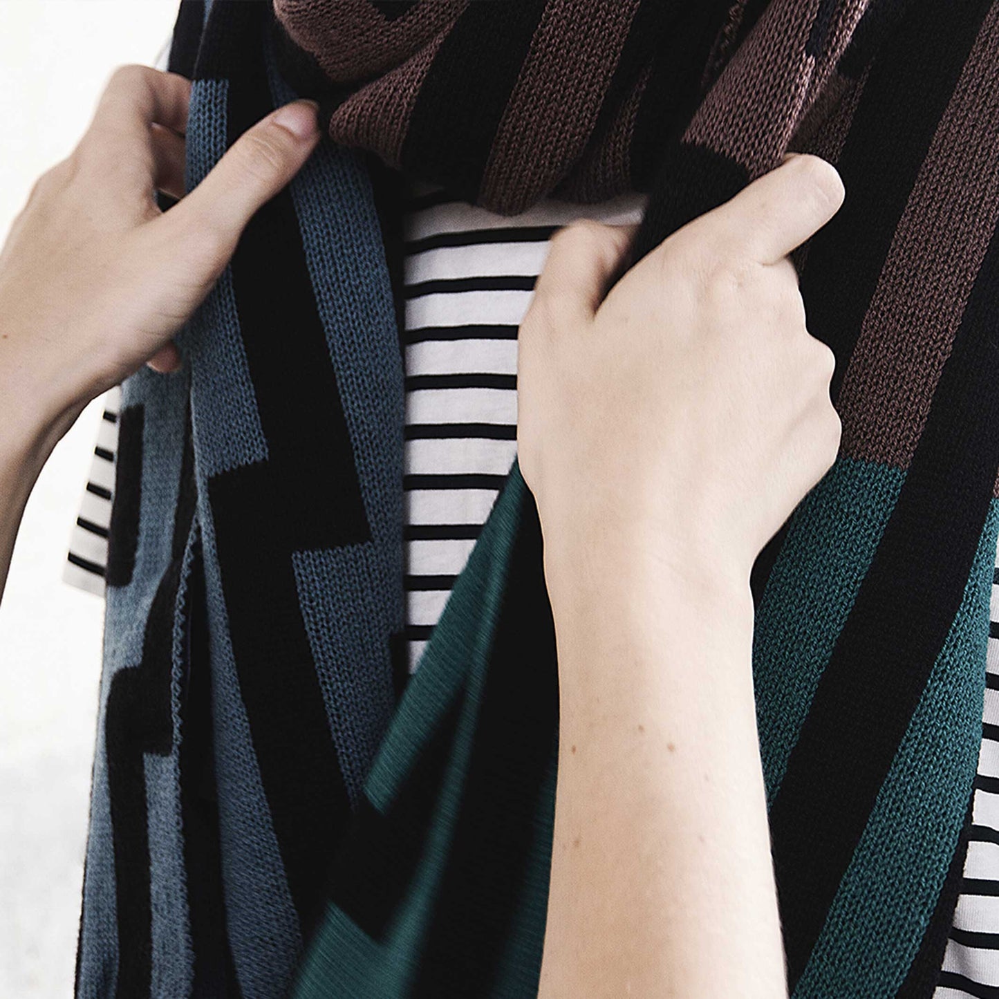 BITMAP ZOOM OUT 1 | Blue, Brown & Mint SCARF-STOLE | 194x64 cm | 100% Merino Wool | Cristian Zuzunaga