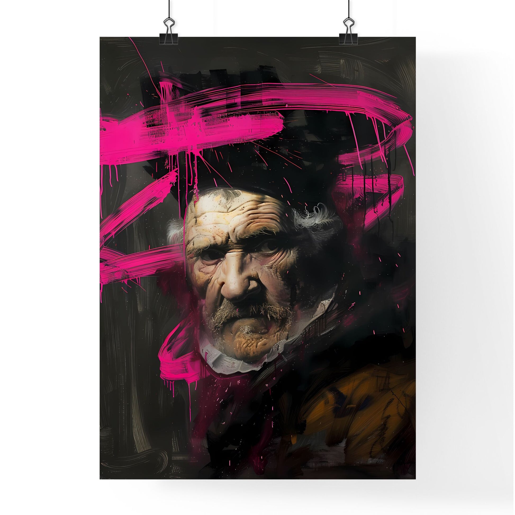 Baroque Portrait Graffiti Hybrid Painting, Dark Academia Aesthetic, Visible Paintbrush, Beard, Pink Head Paint Default Title