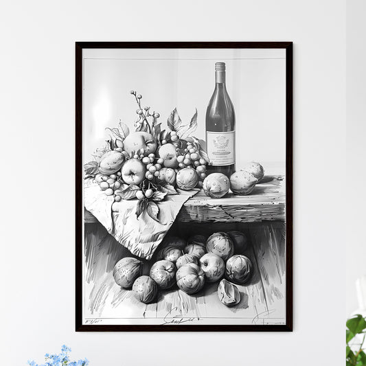 Black and White Still Life Line Drawing of Wine Bottle and Fruit with Art Focus Default Title