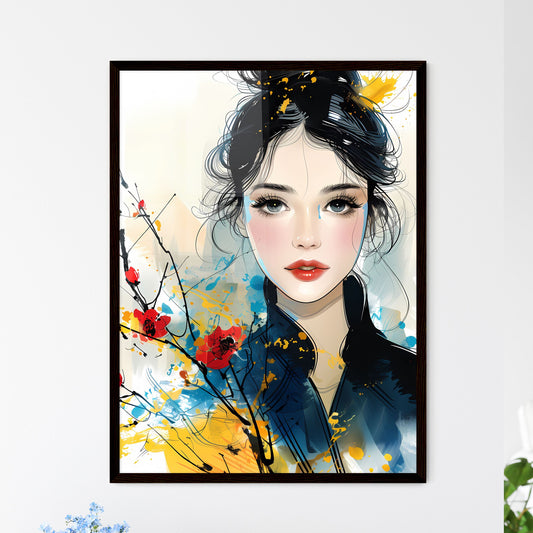 Nostalgic Orientalist Minimalist Beauty | Vibrant Manga Style Feminine Curves | Delicate High-Resolution Ink Line Illustration of Long-Haired Woman with Flowers Default Title