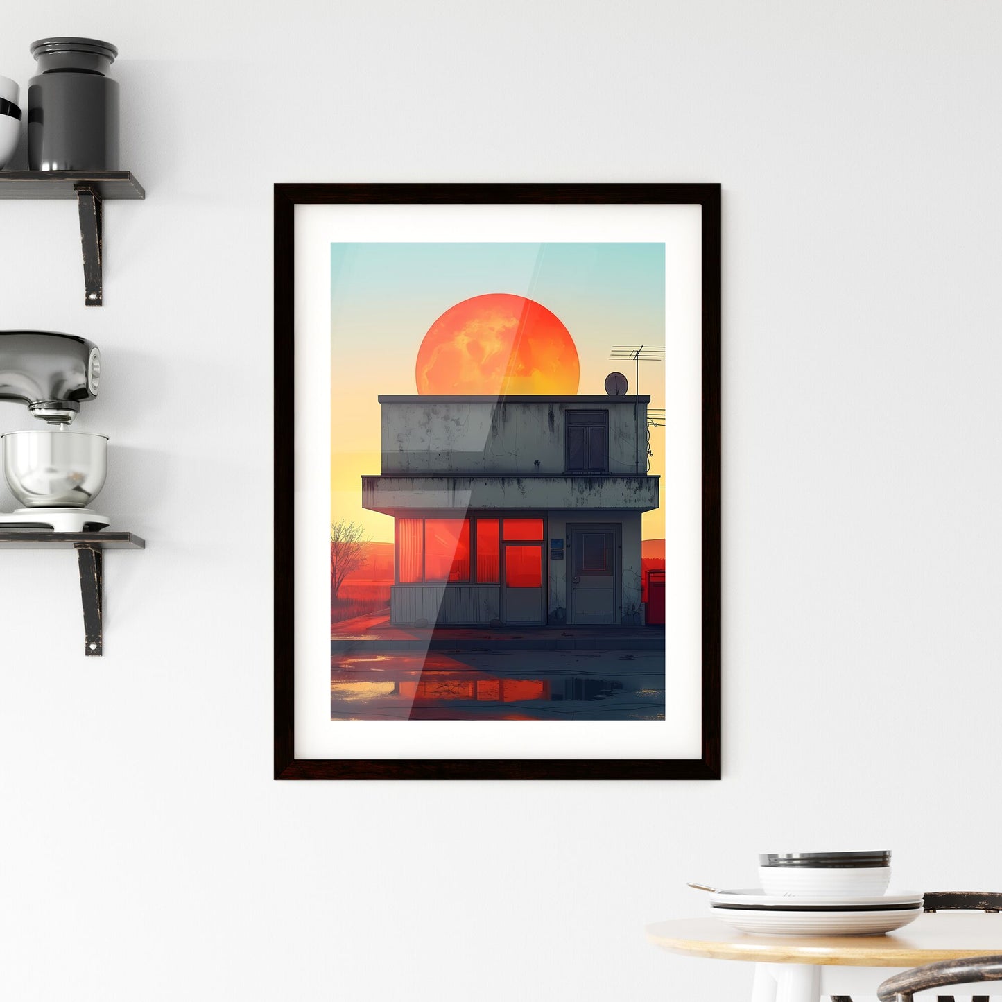 Modernist Stålhag-Inspired House Painting, Vibrant Sunset, Side View, Poster Illustration, High Detail Default Title
