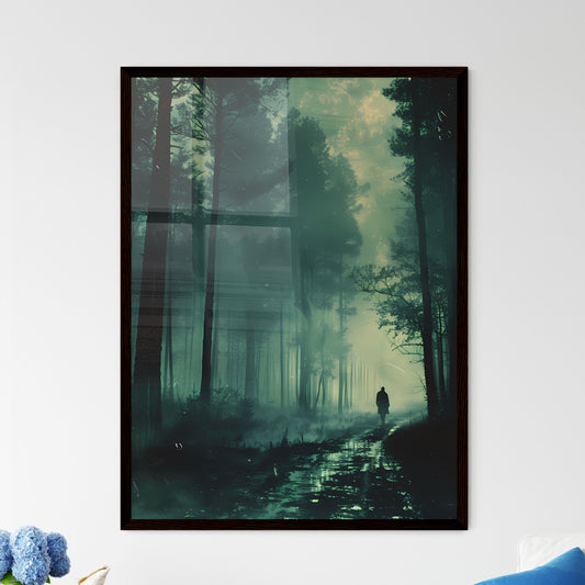 Surreal, Grainy VHS-Style Digital Painting of a Forest at Night with a Floating Figure Default Title