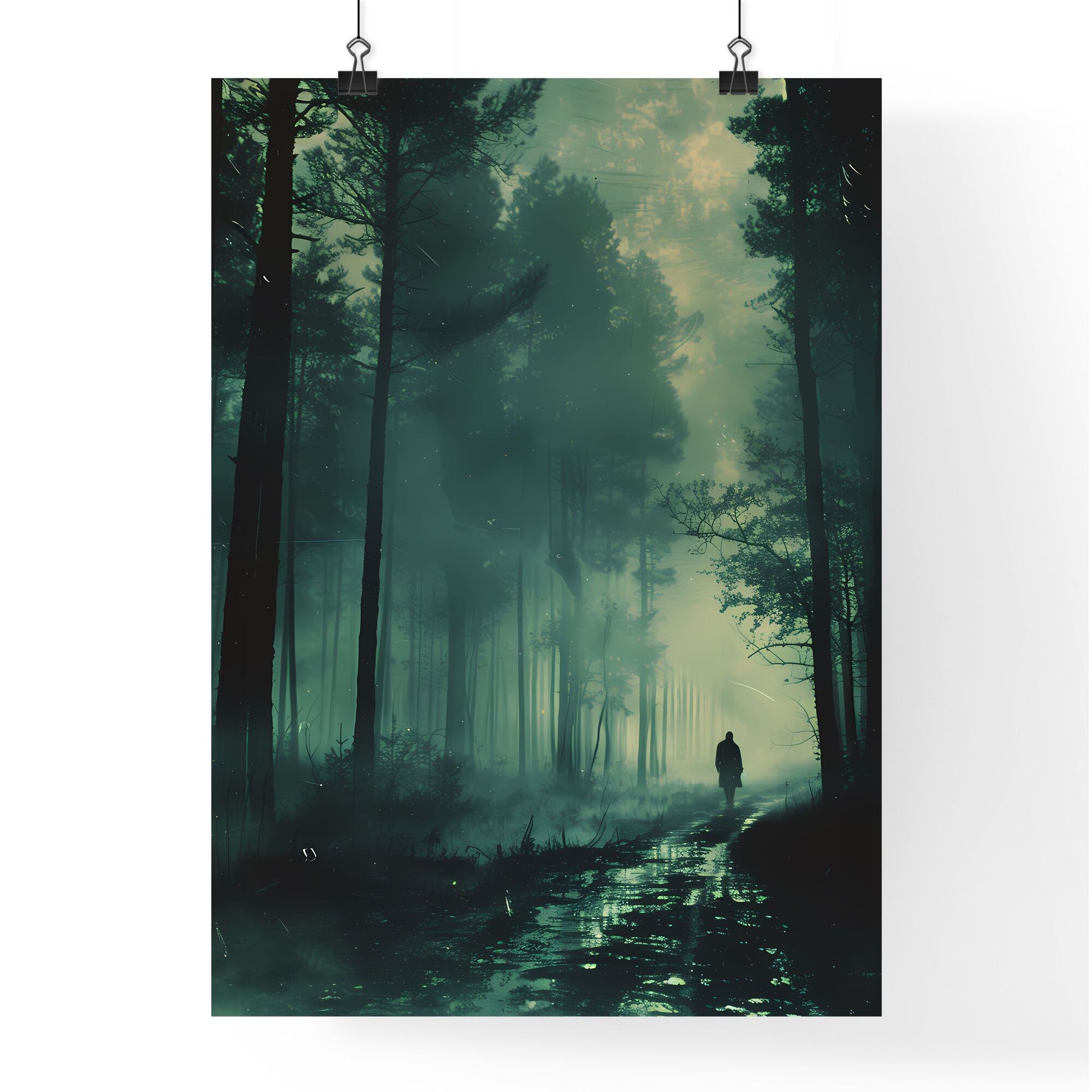 Surreal, Grainy VHS-Style Digital Painting of a Forest at Night with a Floating Figure Default Title