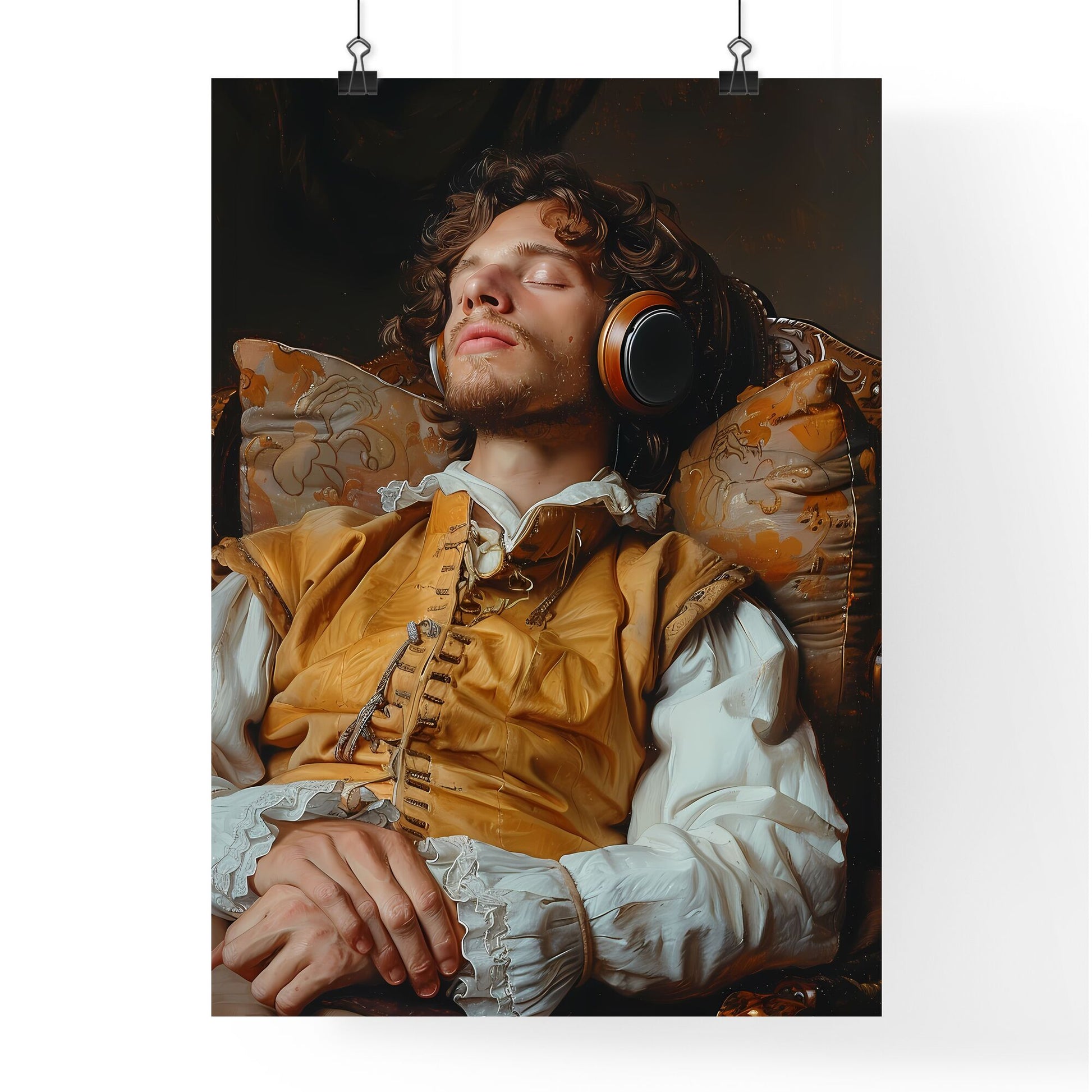Baroque Extravagant Oil Painting: Man with Headset Listening to Music in Rococo Room Default Title