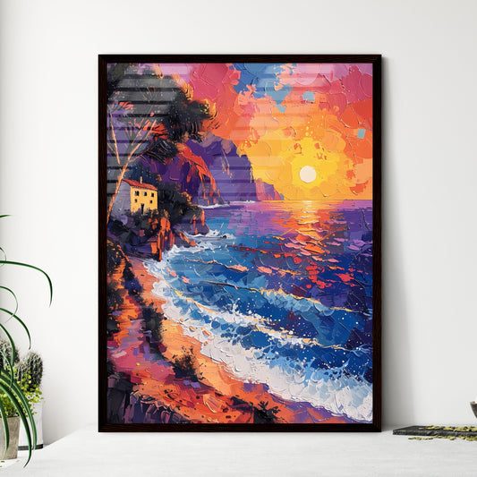 Mediterranean Seascape Pointillism Illustration: Shimmering Waves, Vibrant Beach House Default Title