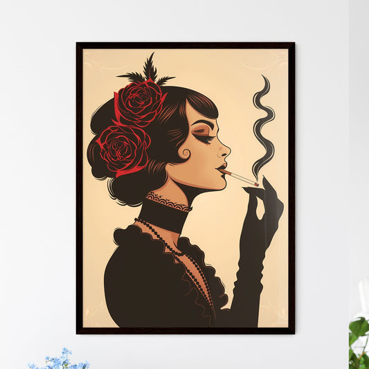 Elegant 1920s Woman Smoking Cigarette in Minimalist Cartoon, Exude Glamour and Artistry on a Vibrant White Background Default Title