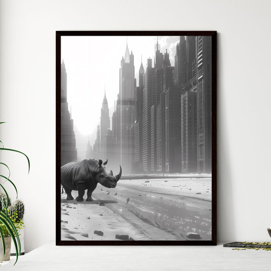 A Rhinoceros walking across a street next to tall buildings, a black and white photo, no man, featured on cg society, surrealism, surrealist, ambient occlusion, behance hd ,Water - a rhinoceros standing in a city