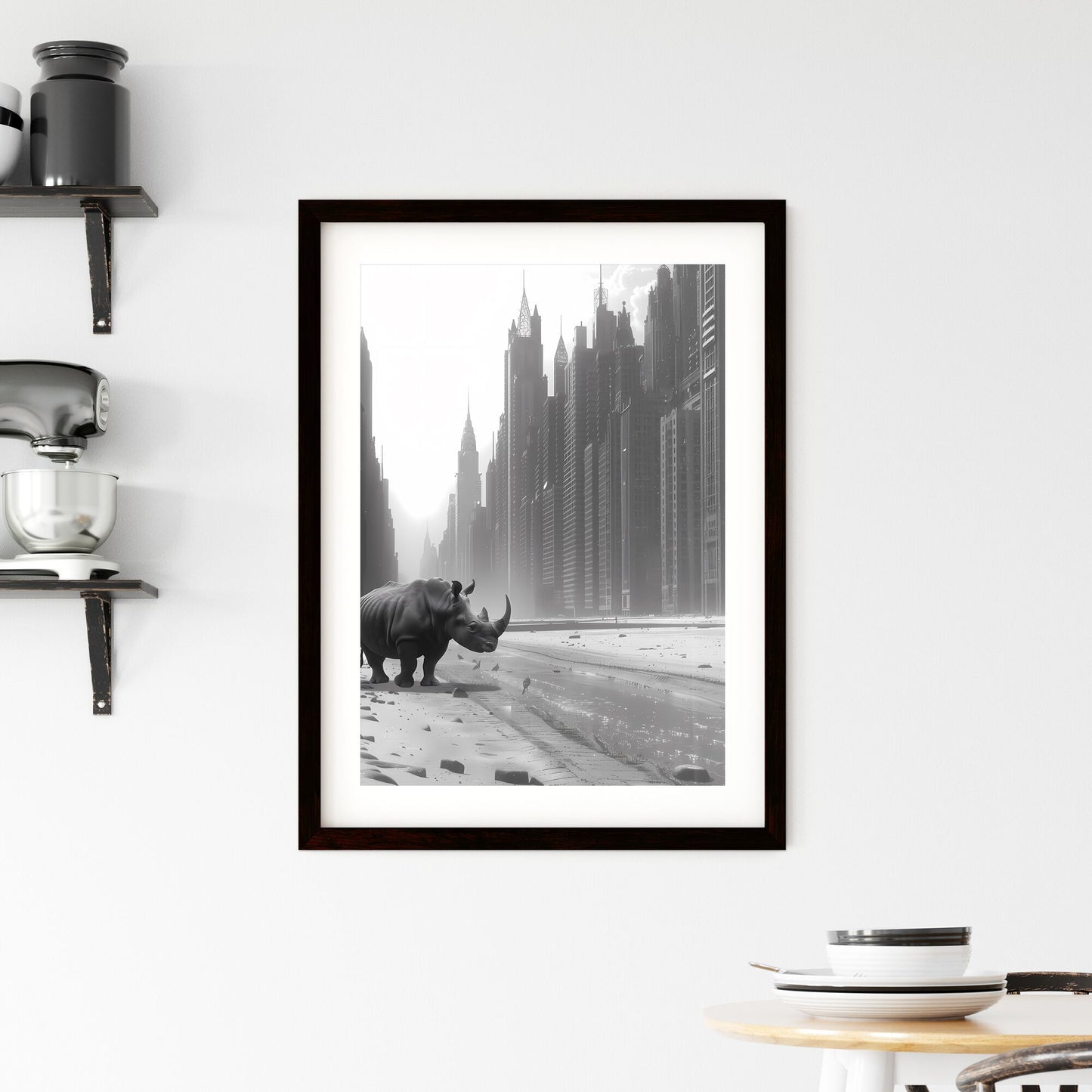 A Rhinoceros walking across a street next to tall buildings, a black and white photo, no man, featured on cg society, surrealism, surrealist, ambient occlusion, behance hd ,Water - a rhinoceros standing in a city Default Title