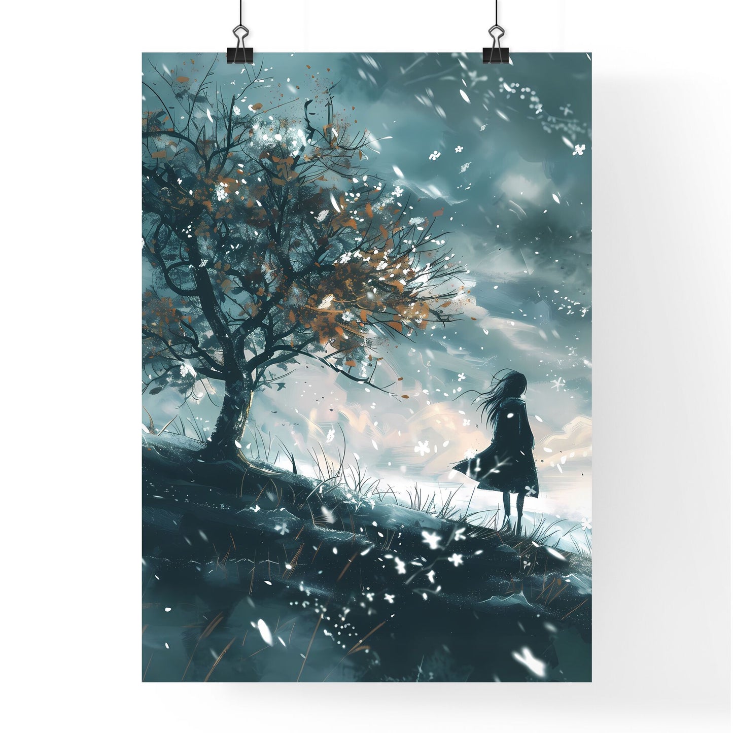 Enchanting Winter's Embrace: Traveler's Journey Amidst Thawing Landscape, Delicate Snowflakes, and Budding Spring Default Title