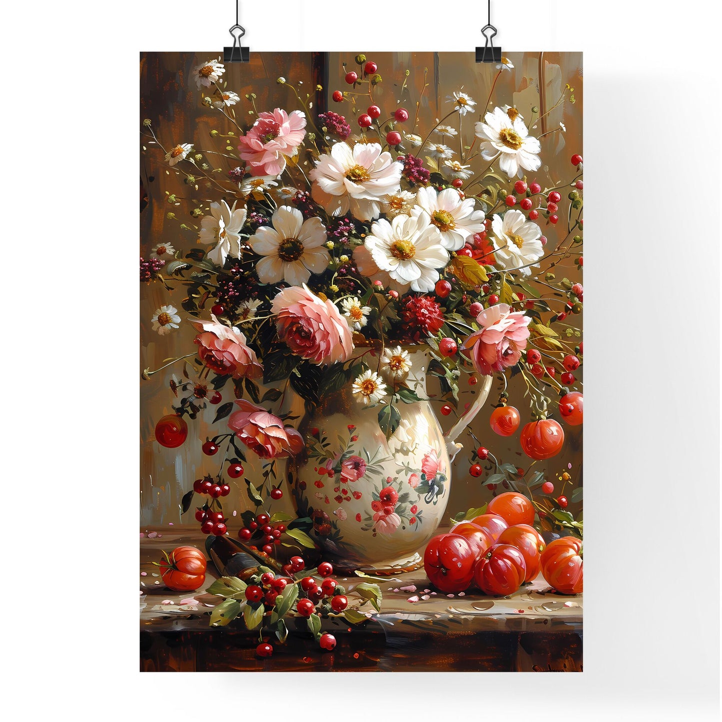 Vibrant Fine Art Floral Painting: Rustic Bouquet in Antique Pitcher on Country Table Default Title