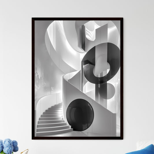 Modern abstract artwork featuring geometric shapes and fluid curves in black and white, depicting a dynamic spiral staircase in an architectural setting Default Title