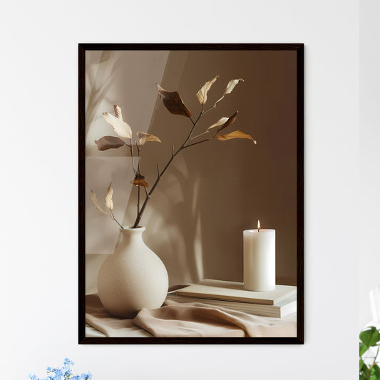 Abstract Still Life Composition: Ceramic Vase with Dried Leaves, Candle, and Books on Table Against Brown Wall Default Title