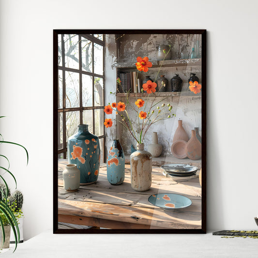 Abstract Oil Painting on Canvas Featuring Vibrant Vases and Flowers on Table with Artistic Focus Default Title