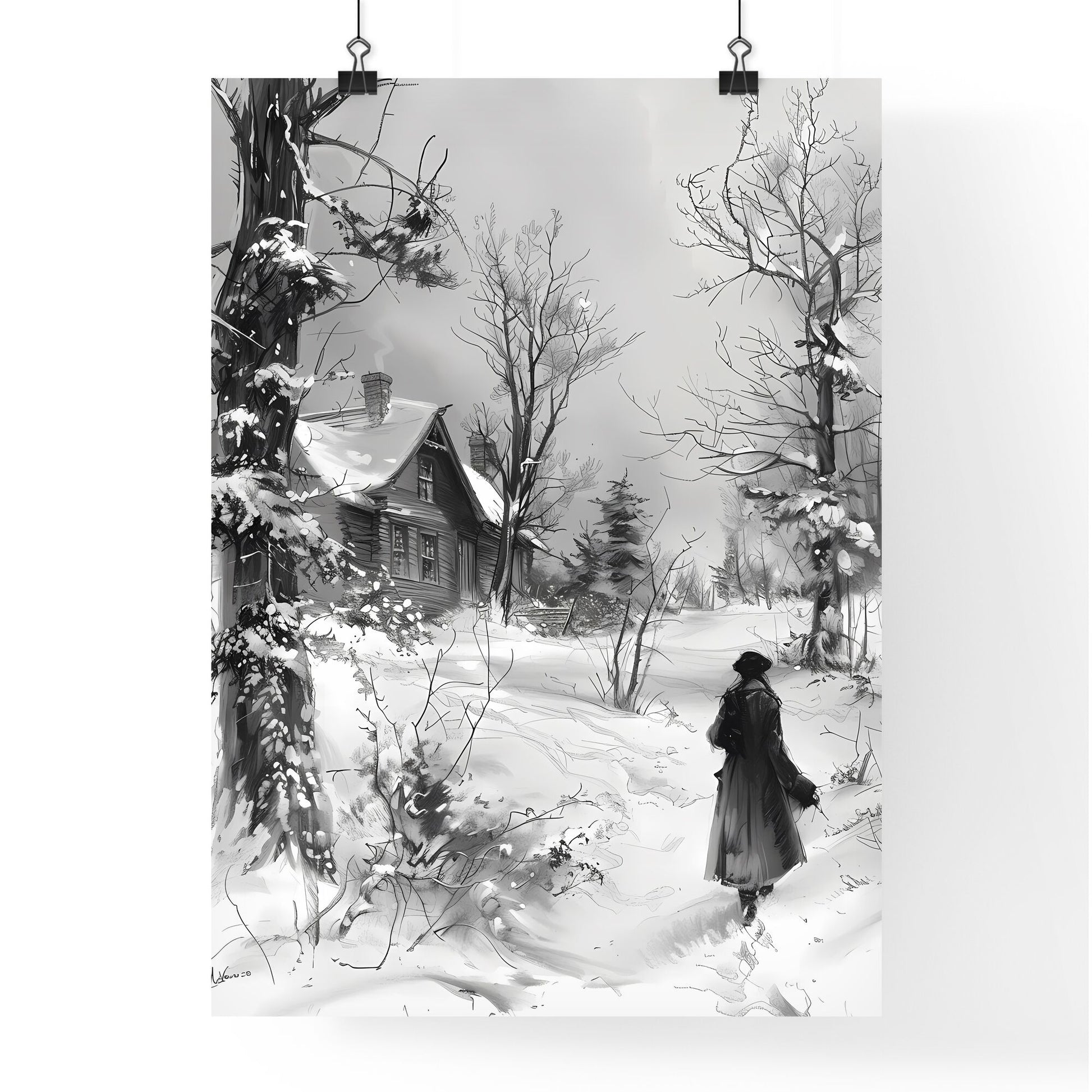 Vibrant Winter Landscape Painting: Snowy Scene with Old House, Person Walking, Trees Default Title