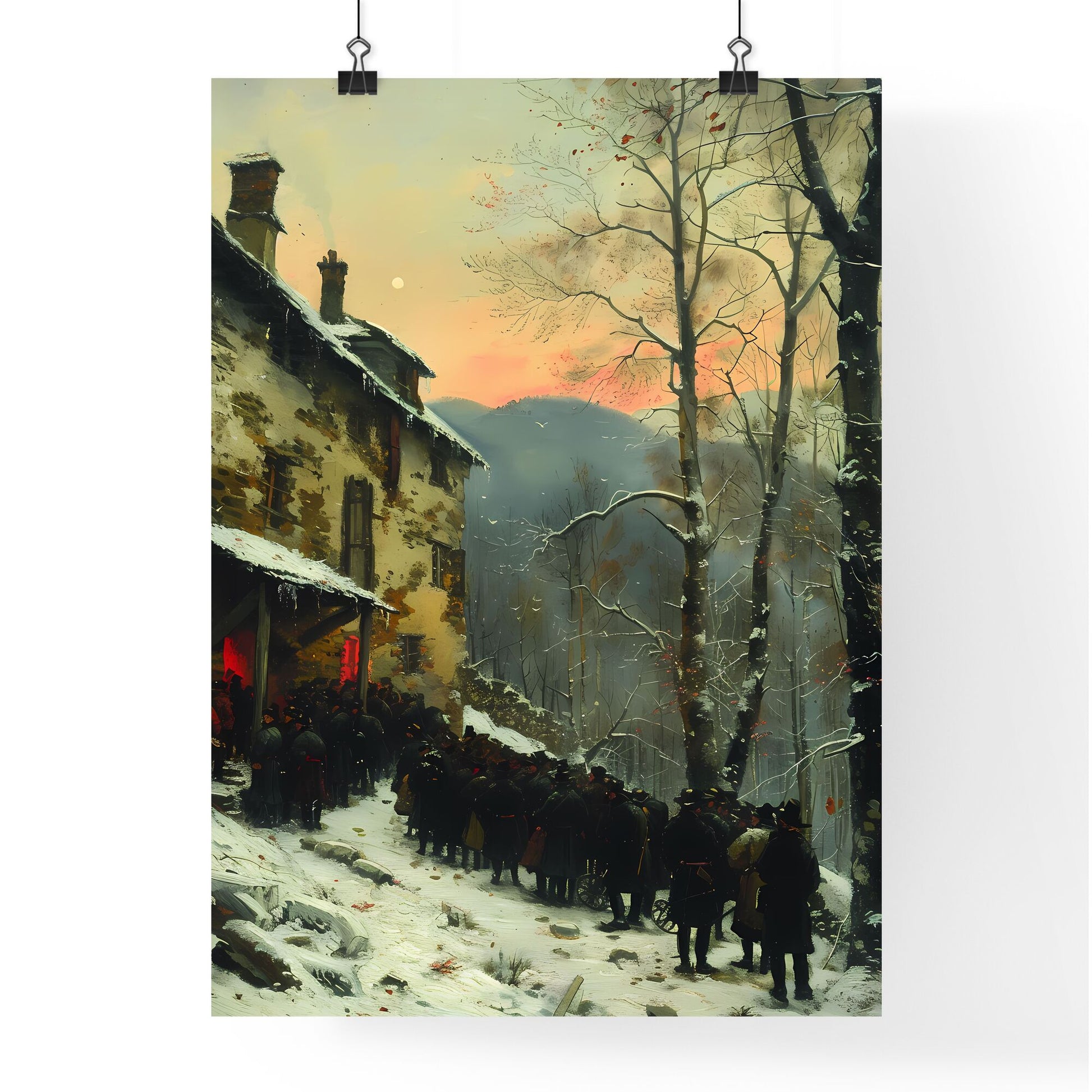 Vibrant Winter Landscape Painting with Frosted Trees and French Farmhouse Setting Default Title
