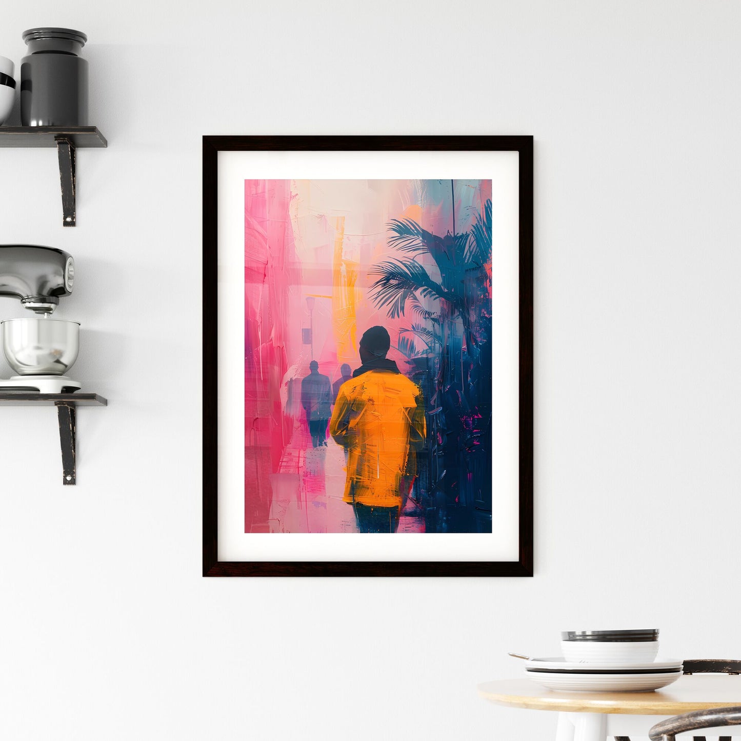 Abstract African Urban Art: Vibrant Pastel Painting Depicting Street Scene with Palm Trees and Figures Default Title