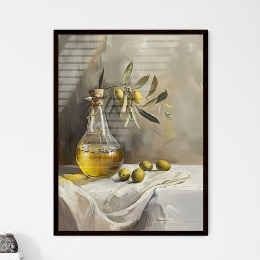 Fine Art Painting: Glass Bottle with Olive Oil and Green Olives on White Tablecloth, 1880s, Broad Gestural Style, Saturated Pigment Pools, Visible Brush Strokes, Muted Tonality Default Title
