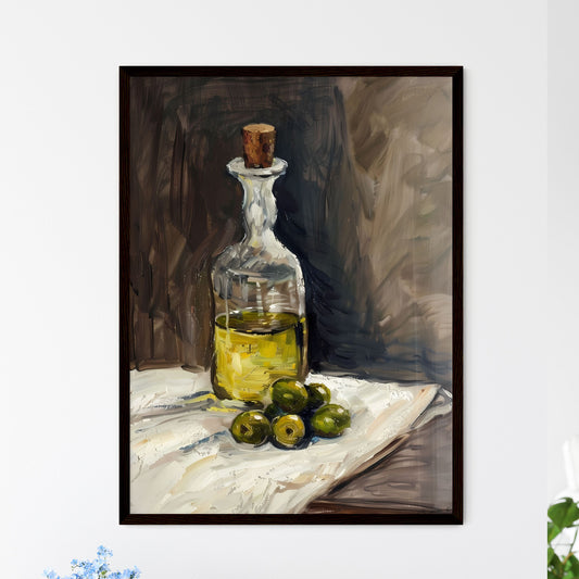High-quality image of an 1880s oil painting on canvas of glass vase with oil and olives in broad brushwork and muted colors Default Title