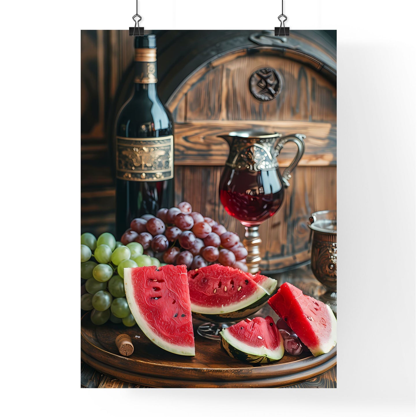 Enticing Fruit Art: Captivating Painting of Watermelon Slices and Grapes on Antique Table Default Title