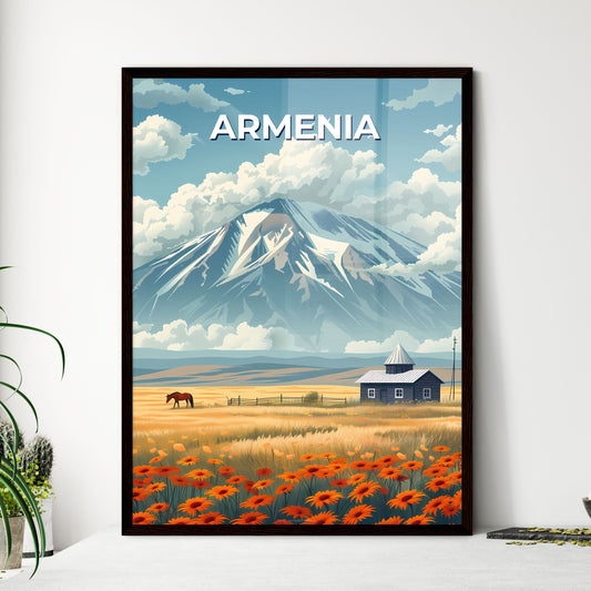 Vibrant Armenian Art: Horse Grazes in Field with Flowers and Mountain
