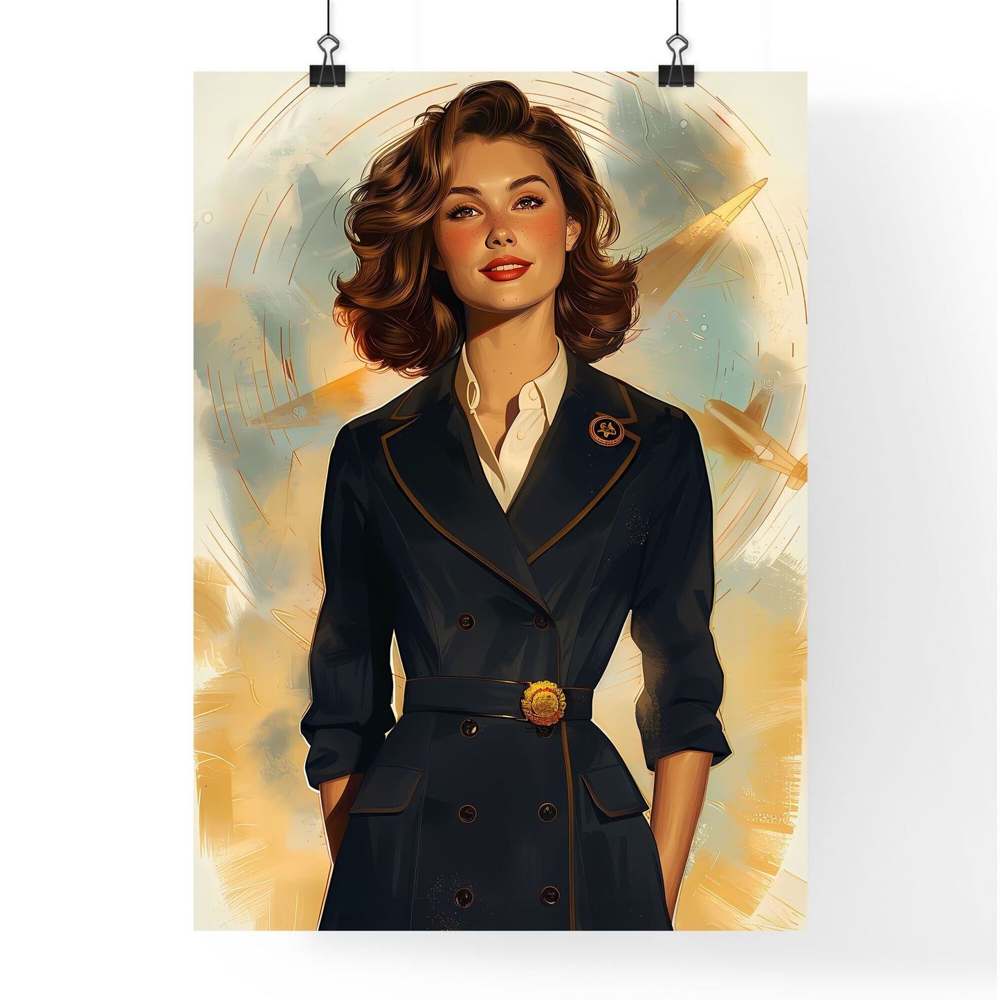 Art deco women propaganda pin-up painting in vibrant golden light, trench coat, balanced stride, chestnut brown bob, optimistic smile Default Title