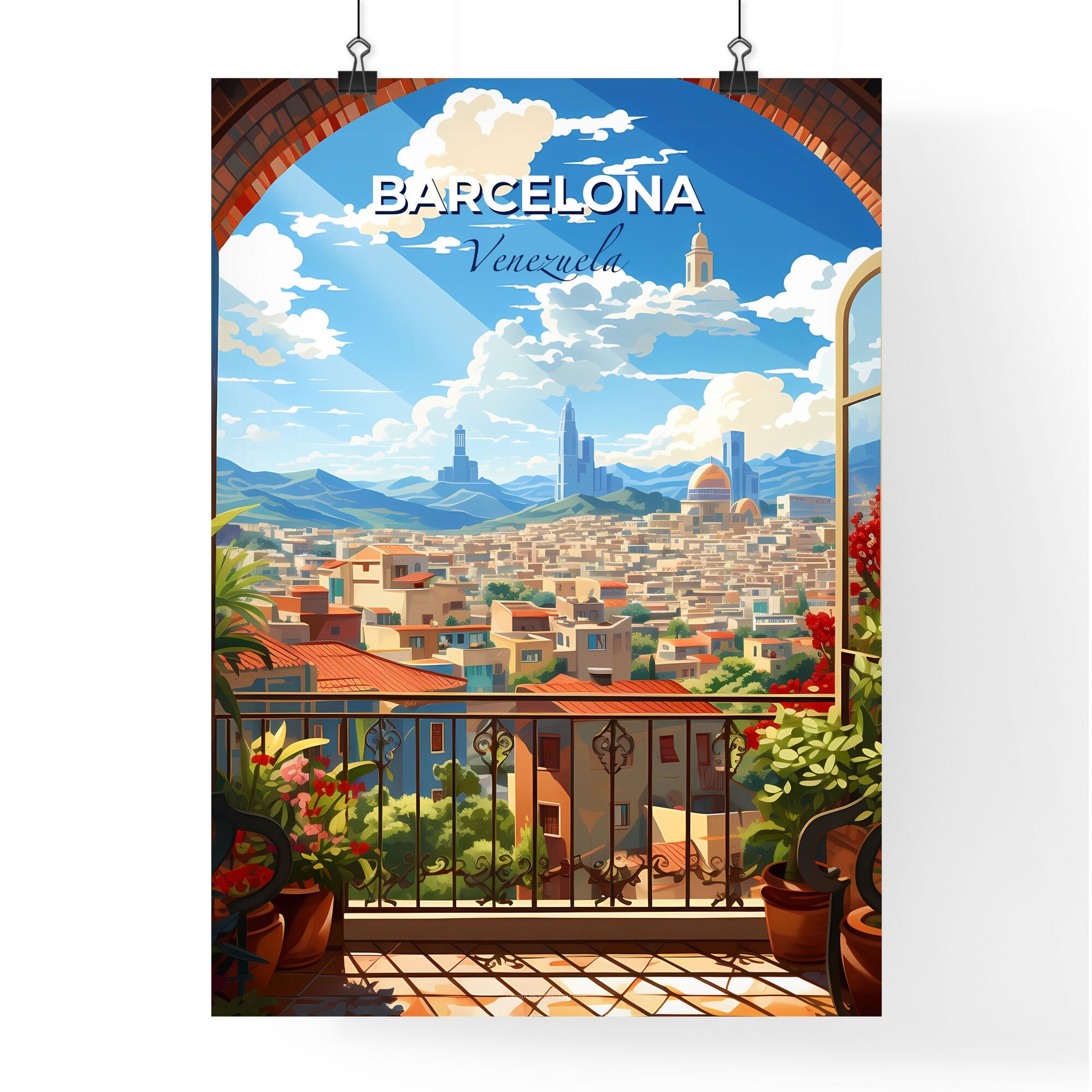 Vibrant Art Deco Cityscape Canvas - Barcelona Venezuela Skyline from a Balcony Perspective Default Title